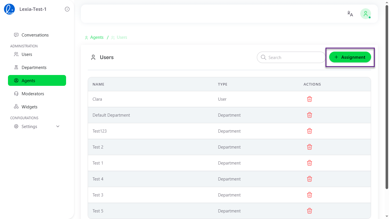 Agent Users and Departments View